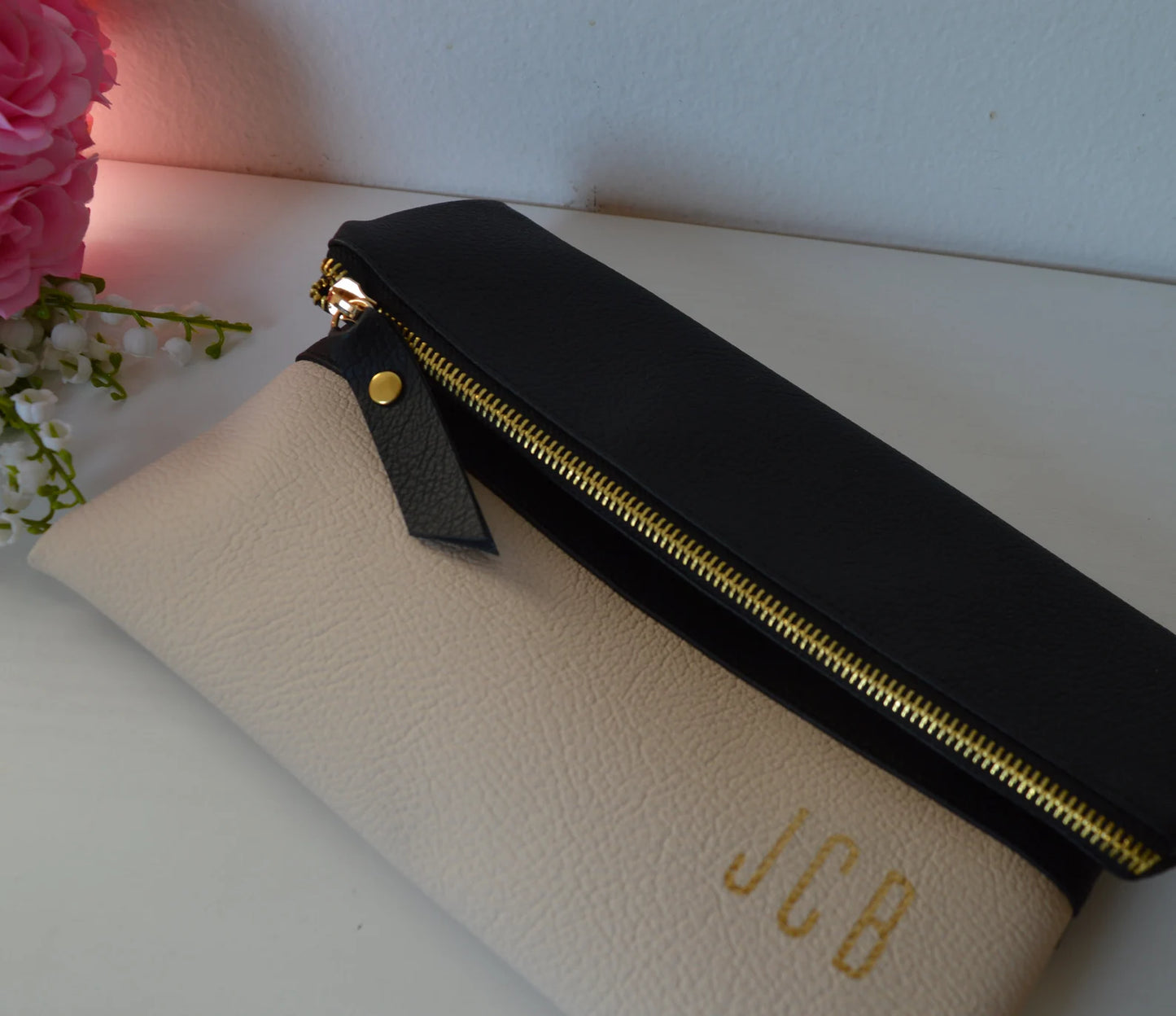 Set of 5 Personalized Foldover Clutches in Black and Cream