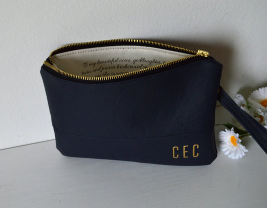 Navy clutch bag with initials