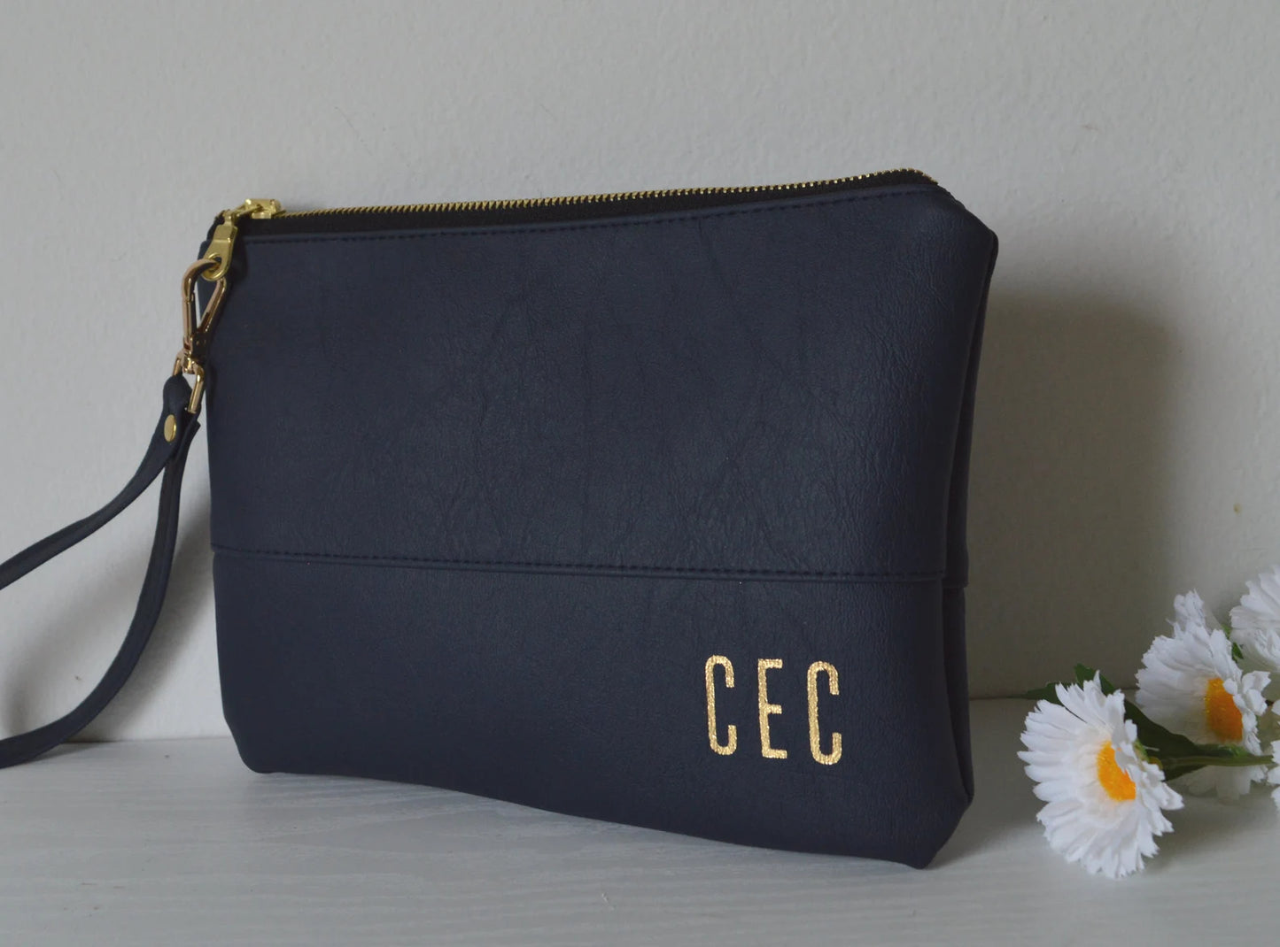 Navy clutch bag with initials