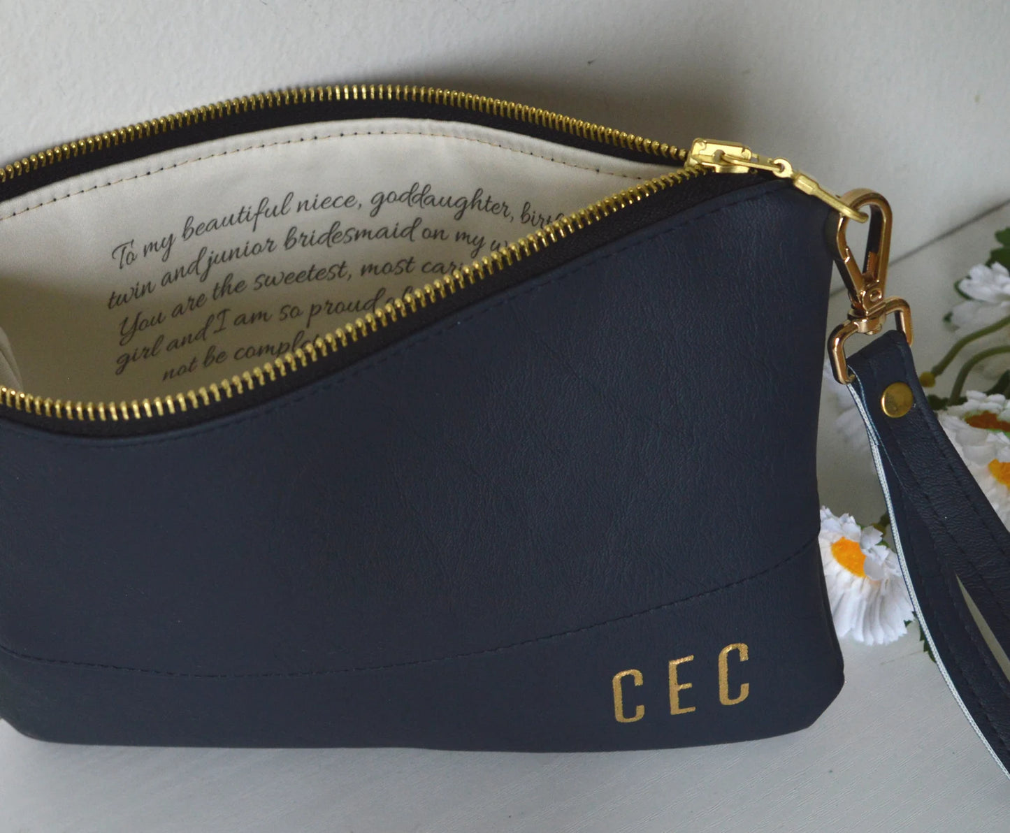 Navy clutch bag with initials