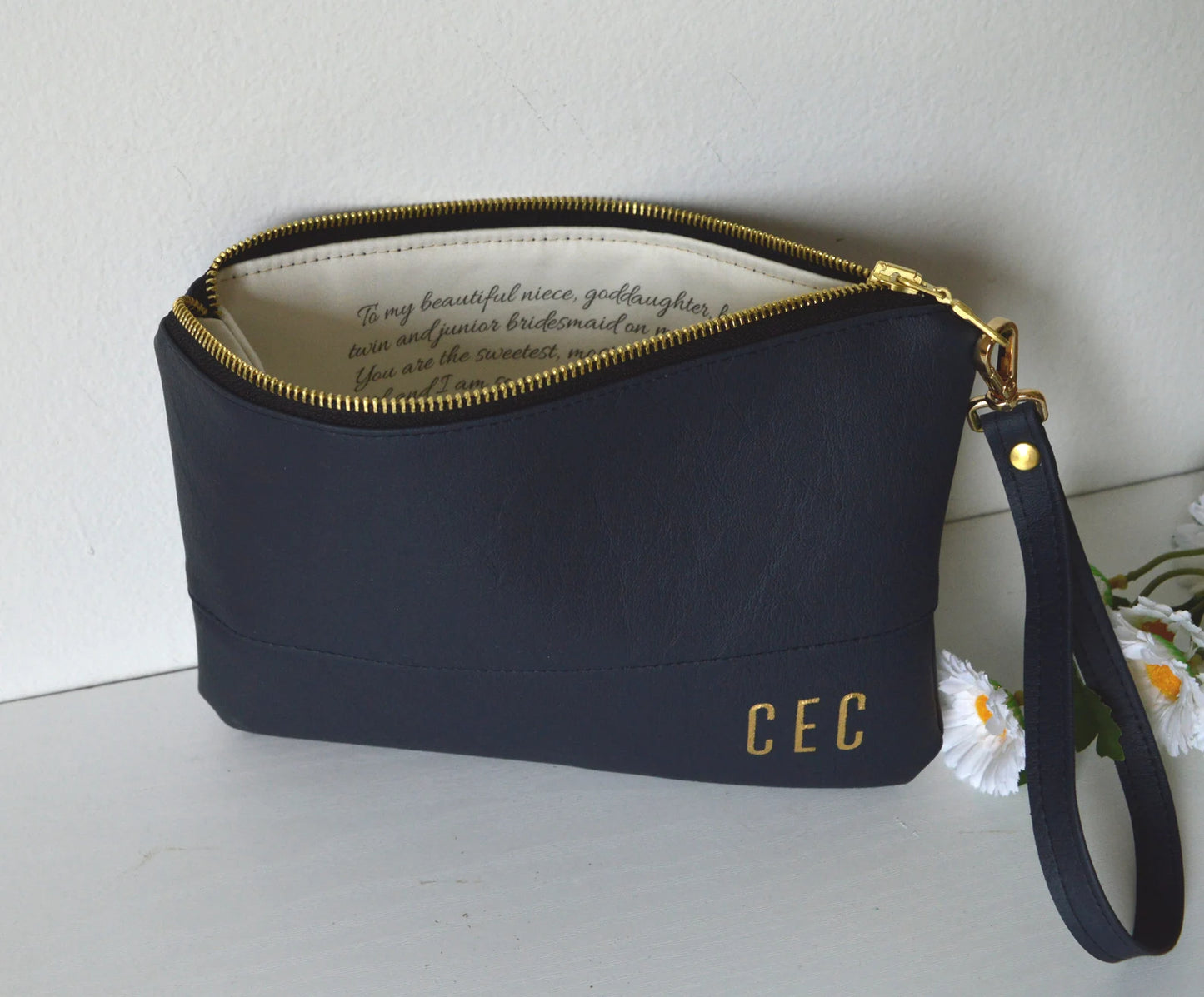 Navy clutch bag with initials