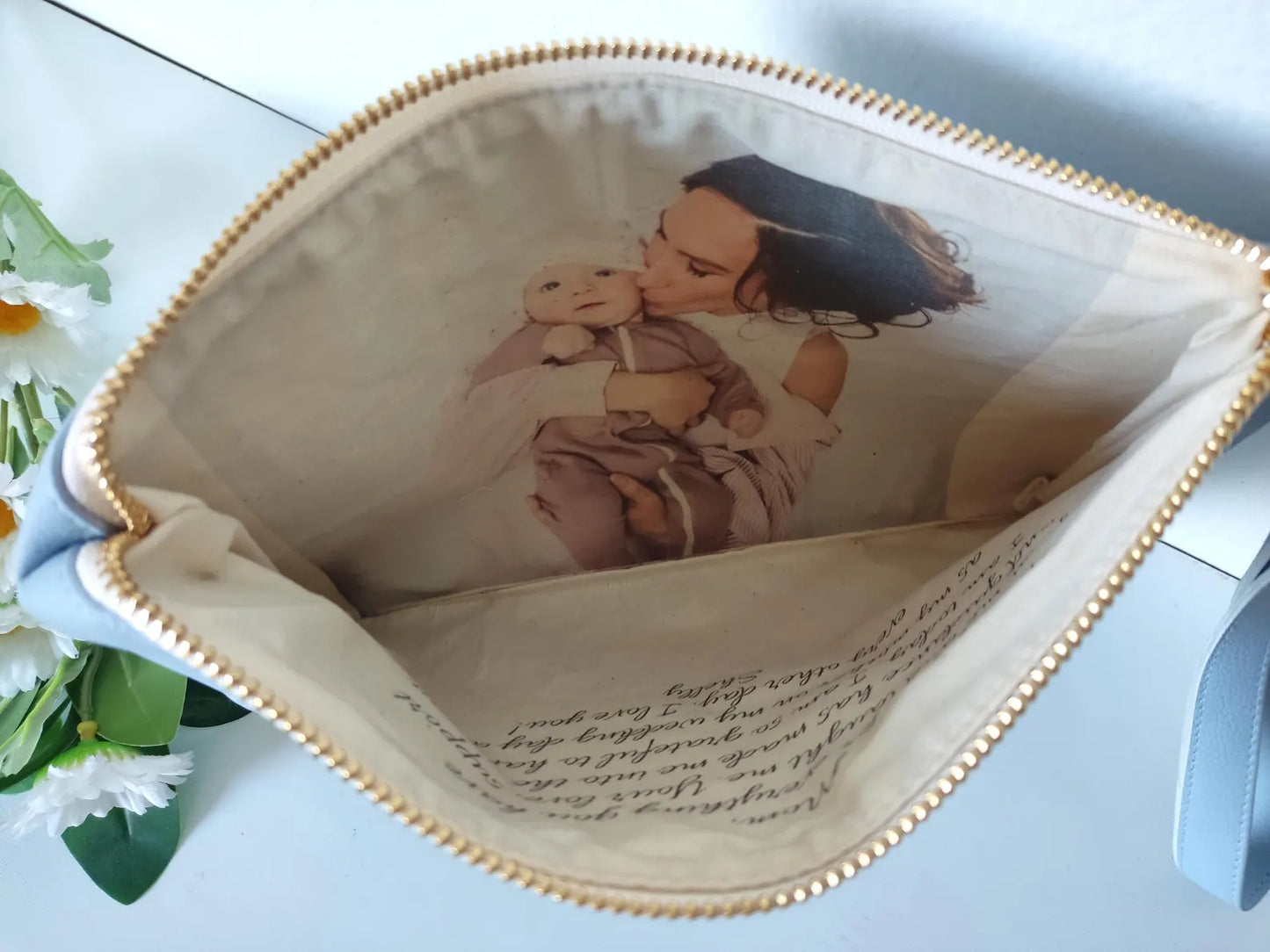 Light Blue Clutch Bag with Photo and Message