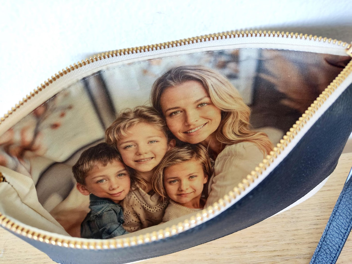 Two-tone clutch bag with a picture and message inside