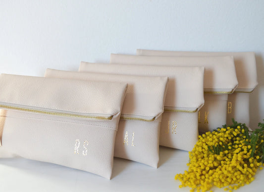 Set of 5 Personalized Foldover Clutches in Cream