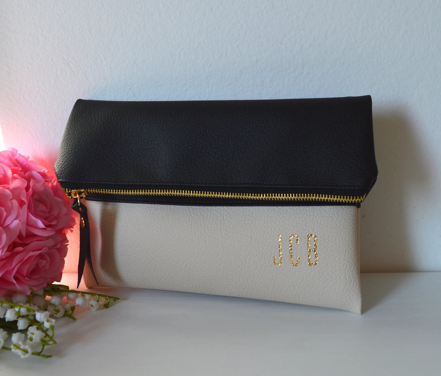 Set of 5 Personalized Foldover Clutches in Black and Cream