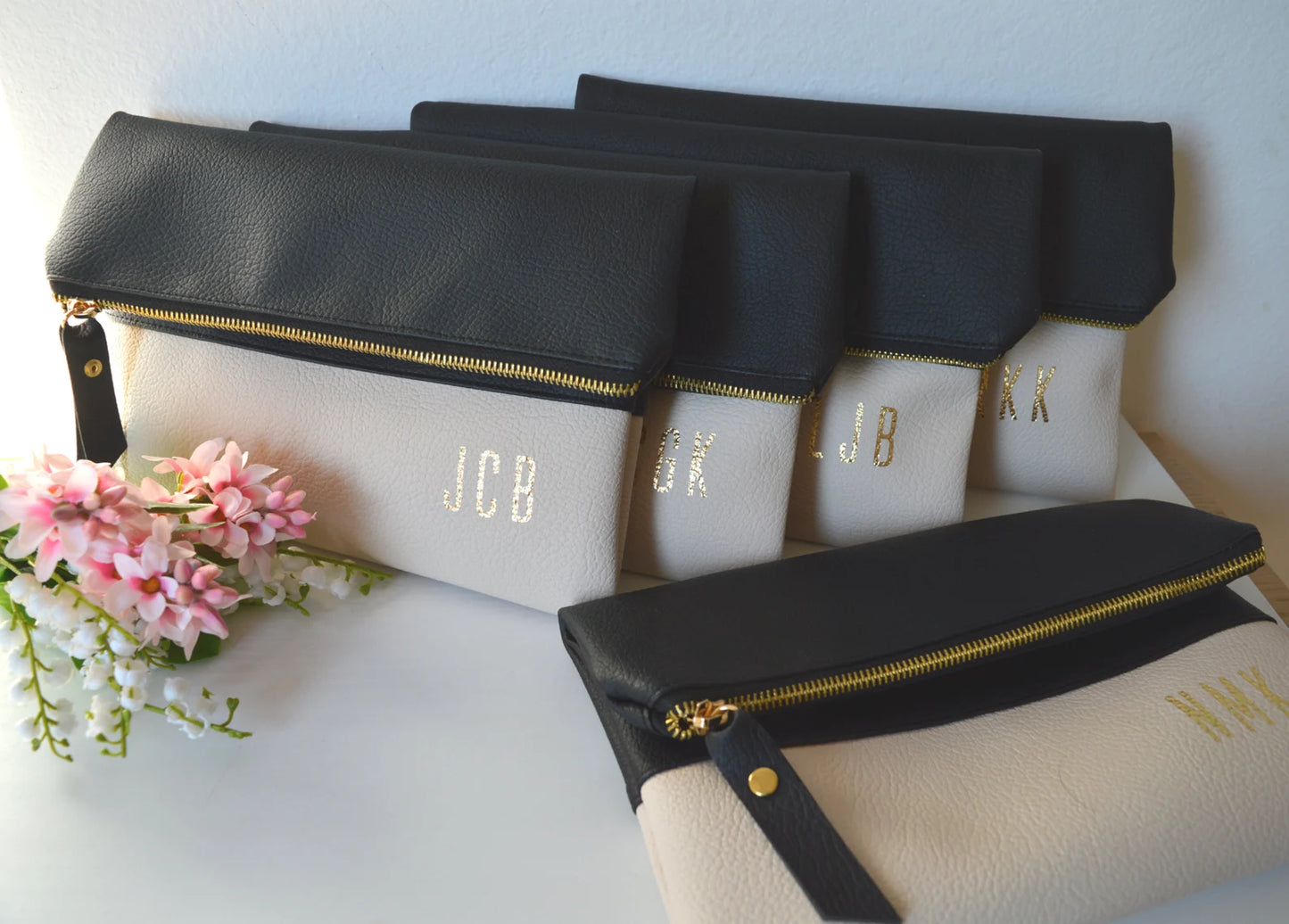 Set of 5 Personalized Foldover Clutches in Black and Cream