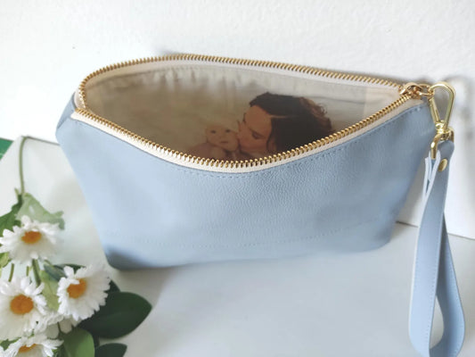 Light Blue Clutch Bag with Photo and Message